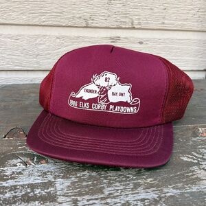 Vintage 1986 ELKS CORBY PLAYDOWNS hunting hat burgundy trucker snapback mesh